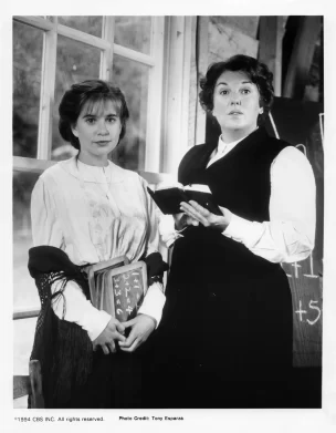 Kellie Martin and Tyne Daly inside the schoolhouse set of Christy